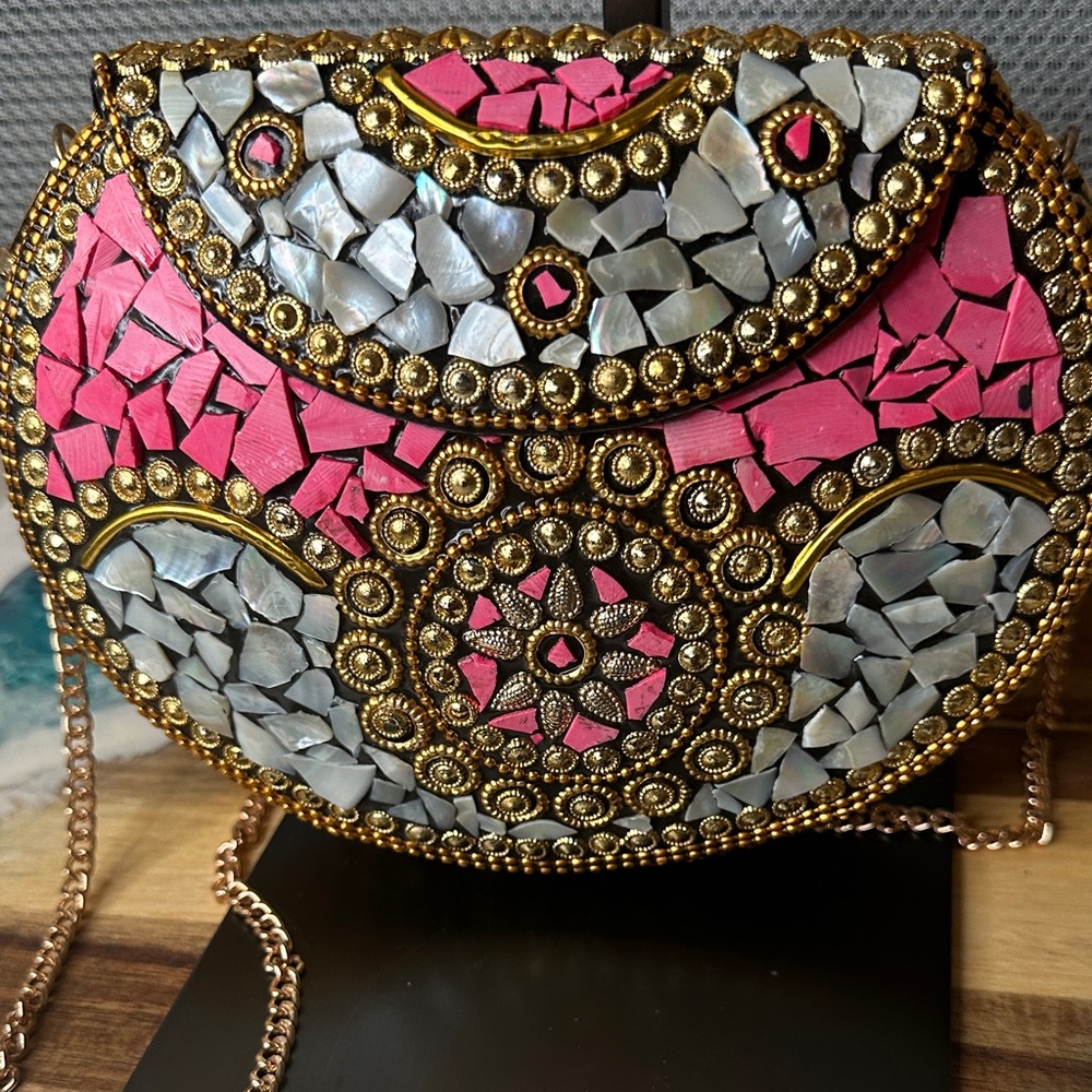 Chic Mosaic Clutch with Gold and Pink Highlights